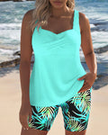 Twist Front Ribbed Tankini Top Tropical Print Short Set