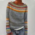 Fair Isle Stripe Yoke Boat Neck Relaxed Knit Sweater