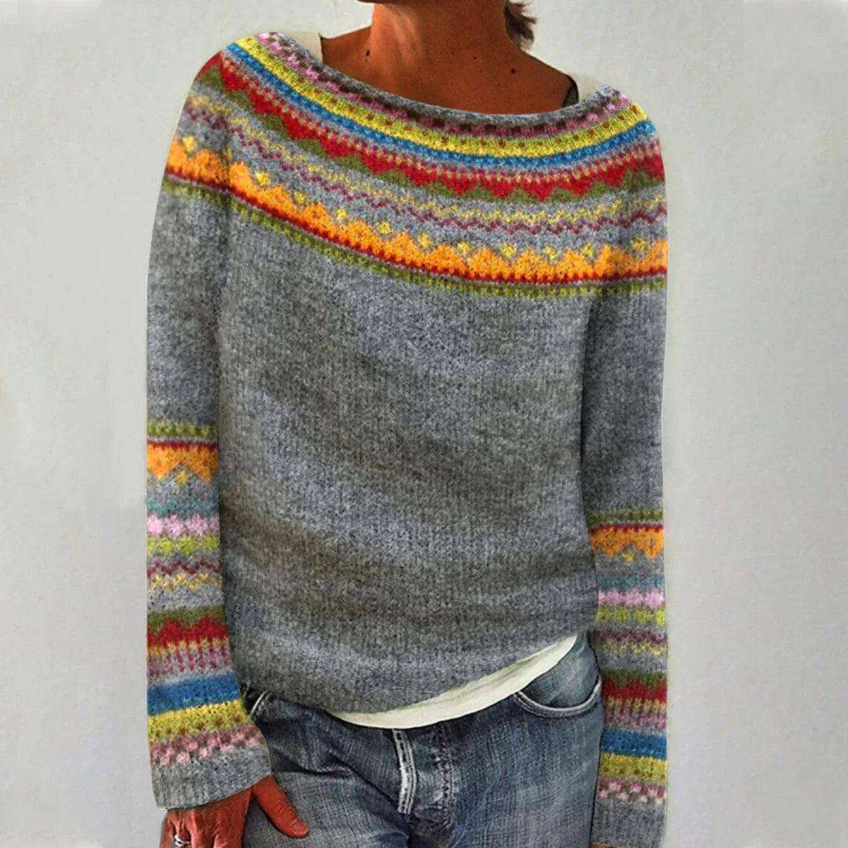 Fair Isle Stripe Yoke Boat Neck Relaxed Knit Sweater