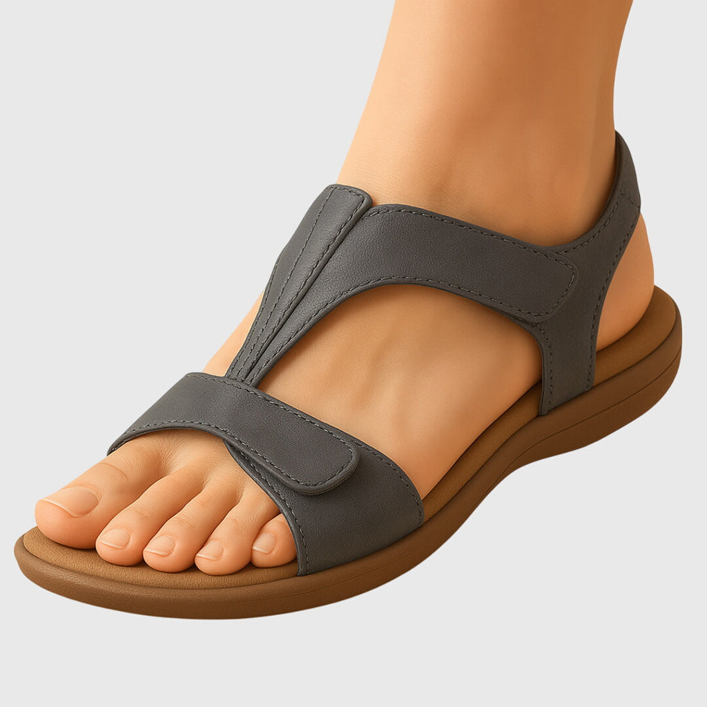 T-Bar Hook Loop Leather Orthopedic Comfort Flat Sandal