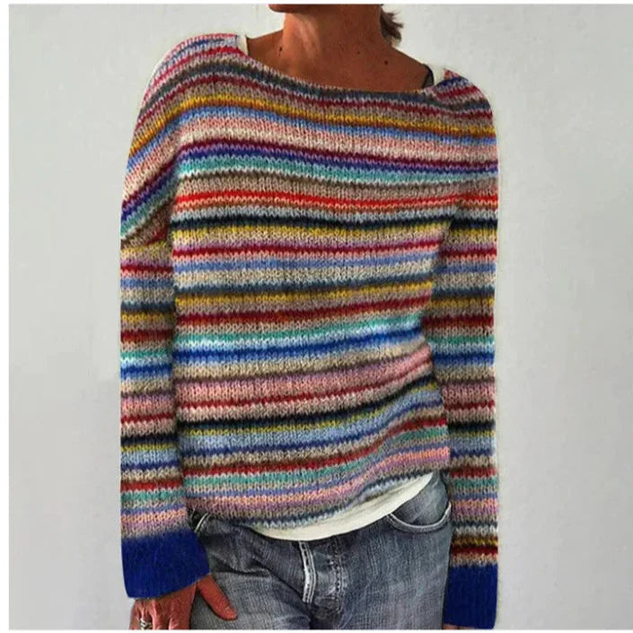Fair Isle Stripe Yoke Boat Neck Relaxed Knit Sweater