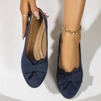 Suede Bow Detail Round Toe Slip On Wedge Ballet Flats
