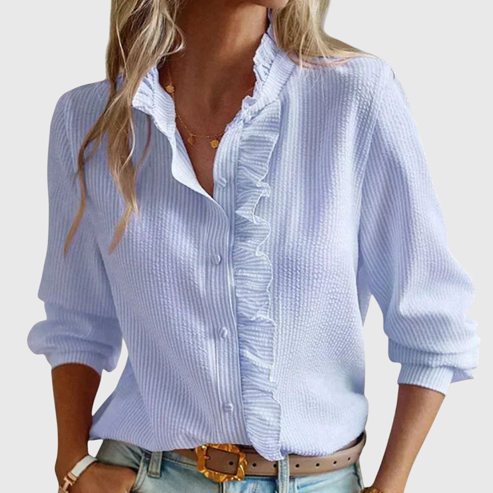 Ruffle Trim Button Down Long Sleeve Textured Blouse