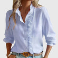 Ruffle Trim Button Down Long Sleeve Textured Blouse