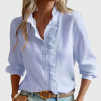 Ruffle Trim Button Down Long Sleeve Textured Blouse
