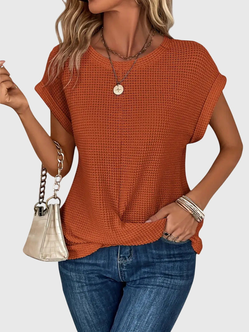 Waffle Knit Crew Neck Rolled Cuff Cap Sleeve Relaxed Top