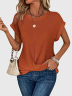 Waffle Knit Crew Neck Rolled Cuff Cap Sleeve Relaxed Top
