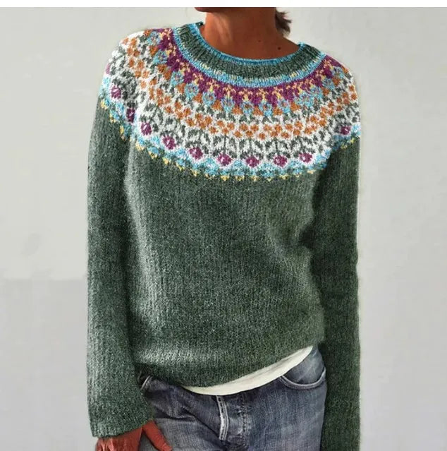 Fair Isle Stripe Yoke Boat Neck Relaxed Knit Sweater