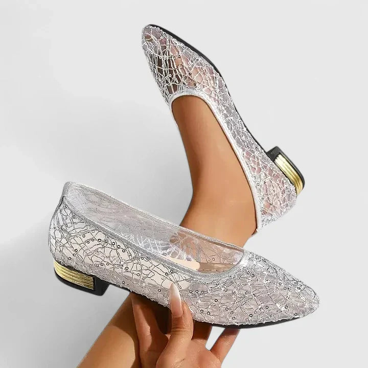 Sequin Lace Mesh Pointed Toe Gold Heel Flat