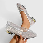 Sequin Lace Mesh Pointed Toe Gold Heel Flat