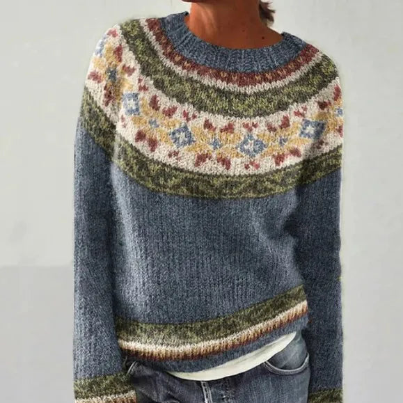Fair Isle Stripe Yoke Boat Neck Relaxed Knit Sweater