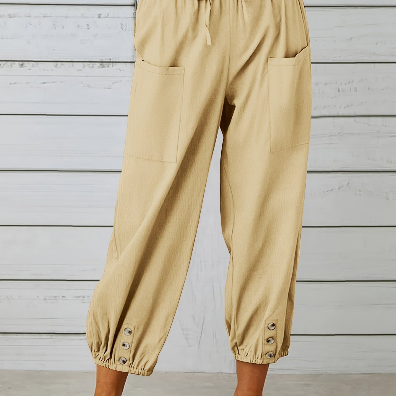 Button Cuff Patch Pocket Drawstring Capri Linen Pant