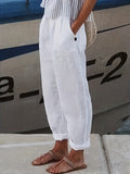 Elasticated High Waist Roll Hem Relaxed Linen Pant