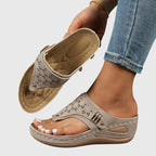 Laser Cut Toe Loop Metal Trim Wedge Sandal