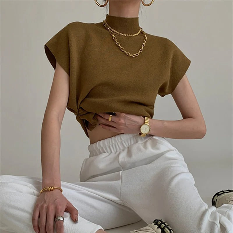 Mock Neck Sleeveless Shoulder Pad Casual Knit Top