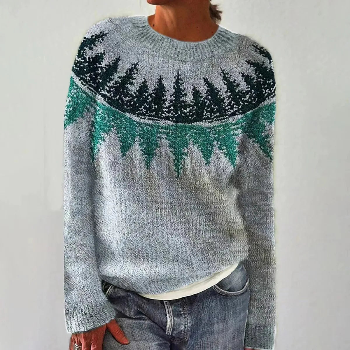 Fair Isle Stripe Yoke Boat Neck Relaxed Knit Sweater