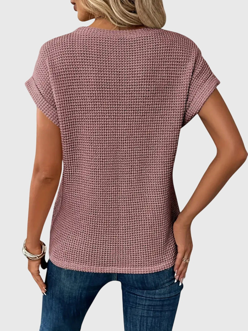 Waffle Knit Crew Neck Rolled Cuff Cap Sleeve Relaxed Top