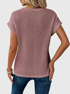 Waffle Knit Crew Neck Rolled Cuff Cap Sleeve Relaxed Top