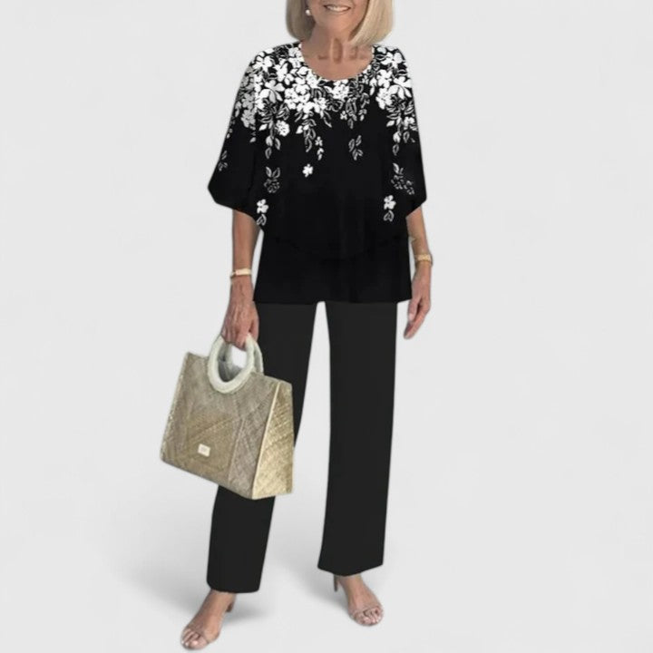 Floral Print Wide Leg Trouser Layered Chiffon Top Two Piece Set