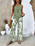 Leaf Print Sleeveless Top Wide Leg Trouser Two Piece Set
