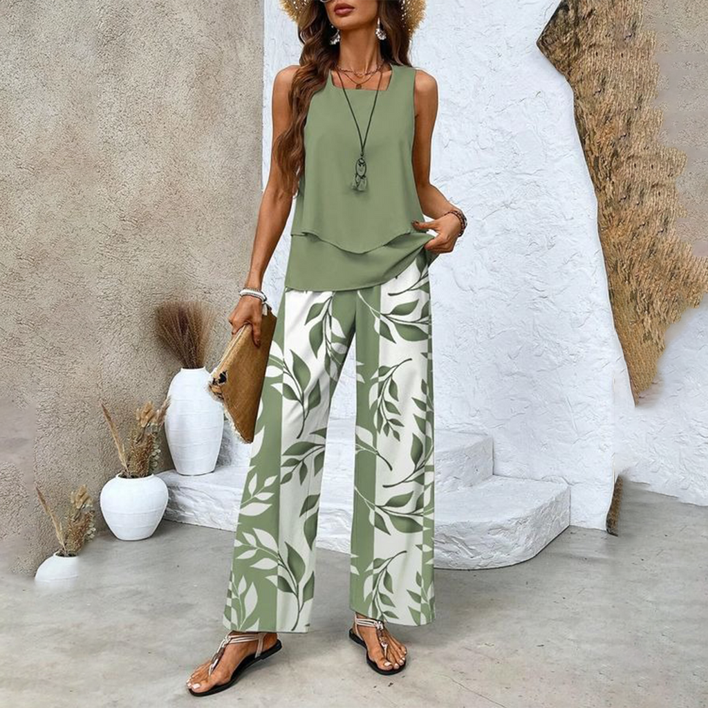 Leaf Print Sleeveless Top Wide Leg Trouser Two Piece Set