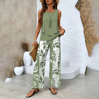 Leaf Print Sleeveless Top Wide Leg Trouser Two Piece Set