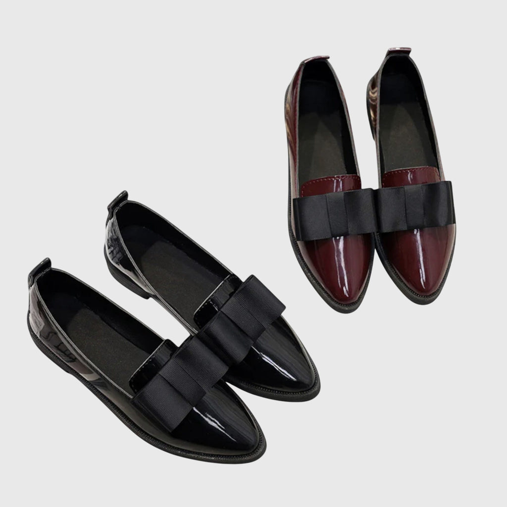 Patent Leather Contrast Bow Detail Pointed Toe Slip On Loafer