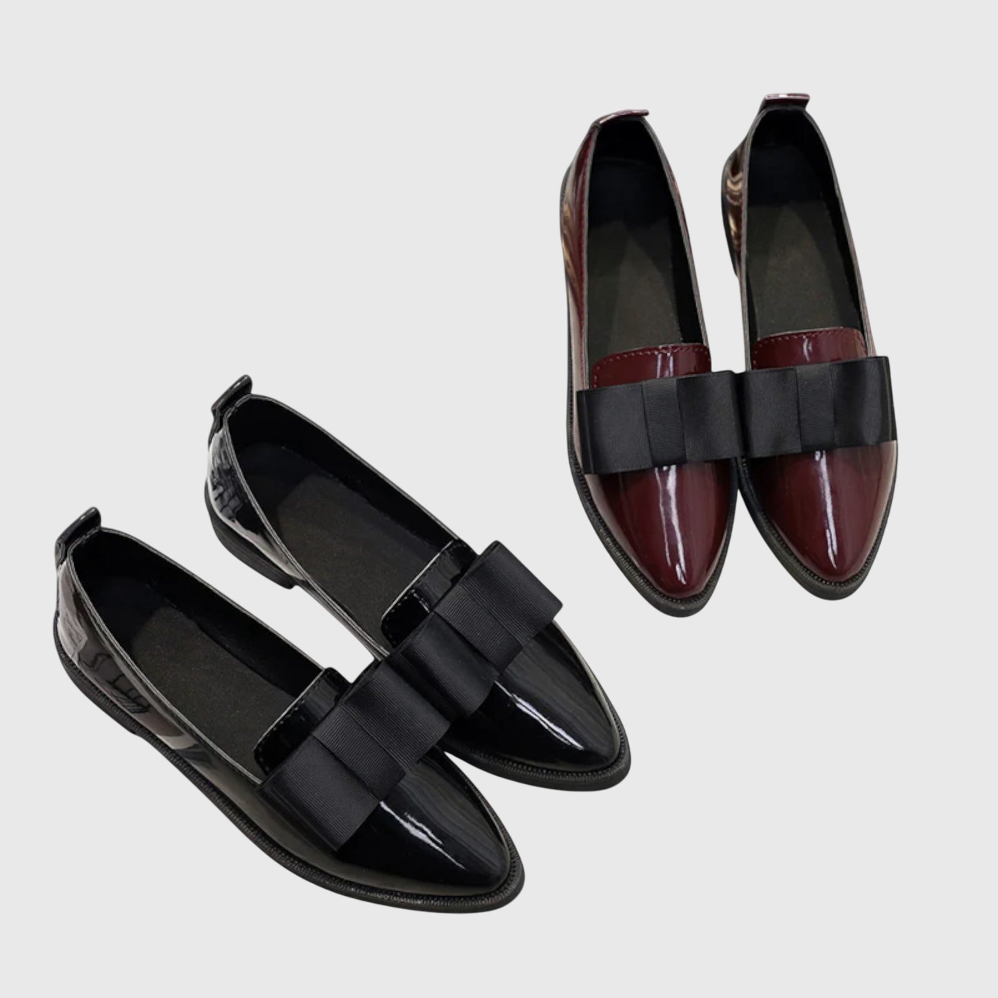 Patent Leather Contrast Bow Detail Pointed Toe Slip On Loafer