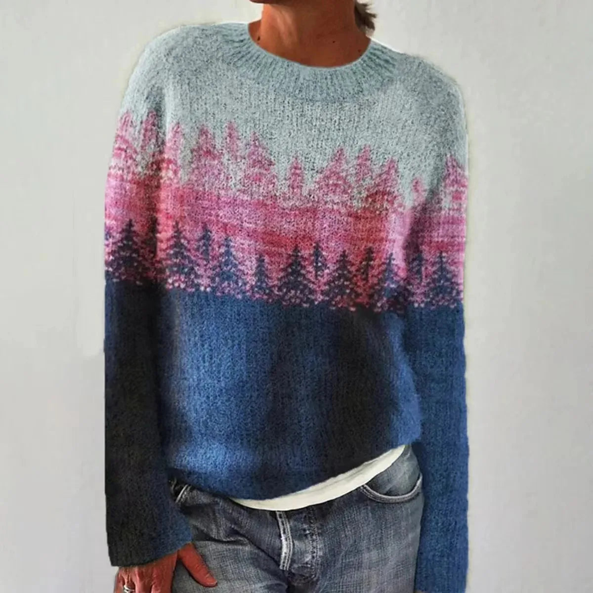 Fair Isle Stripe Yoke Boat Neck Relaxed Knit Sweater