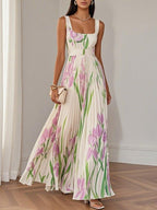 Floral Pleated Square Neck Sleeveless Maxi Dress - Wedding Guest