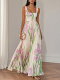 Floral Pleated Square Neck Sleeveless Maxi Dress - Wedding Guest