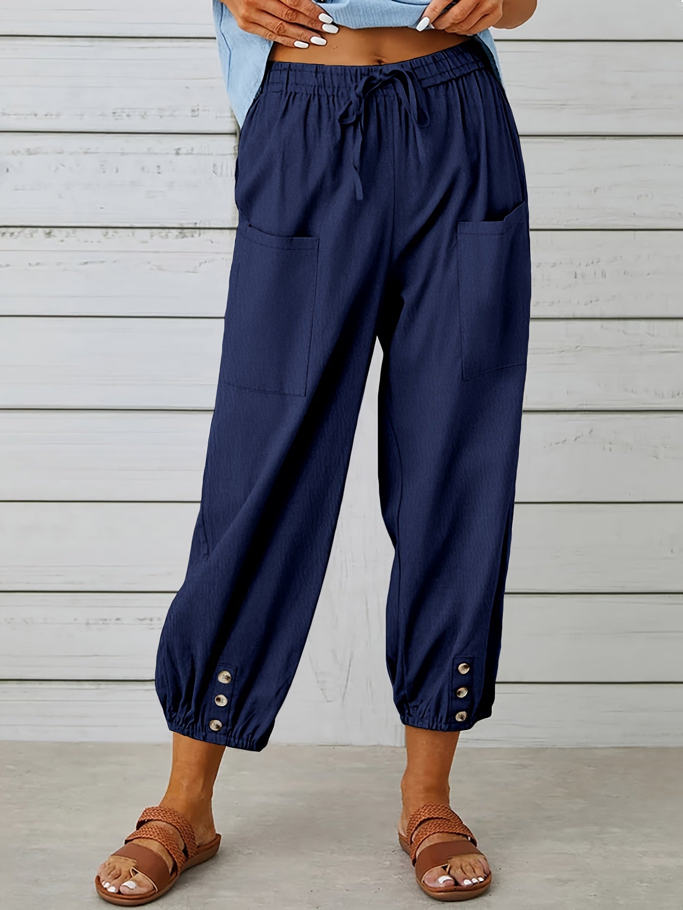 Button Cuff Patch Pocket Drawstring Capri Linen Pant