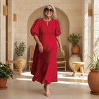Puff Sleeve Keyhole A Line Midi Dress - Wedding Guest