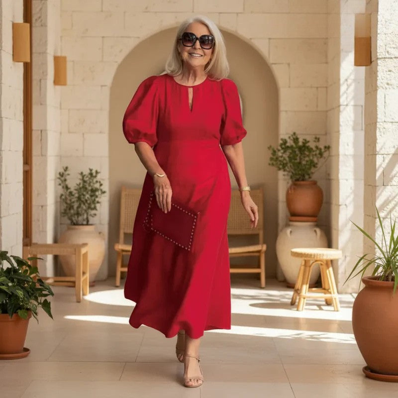 Puff Sleeve Keyhole A Line Midi Dress - Wedding Guest