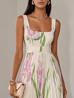 Floral Pleated Square Neck Sleeveless Maxi Dress - Wedding Guest