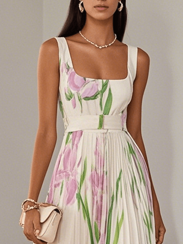 Floral Pleated Square Neck Sleeveless Maxi Dress - Wedding Guest