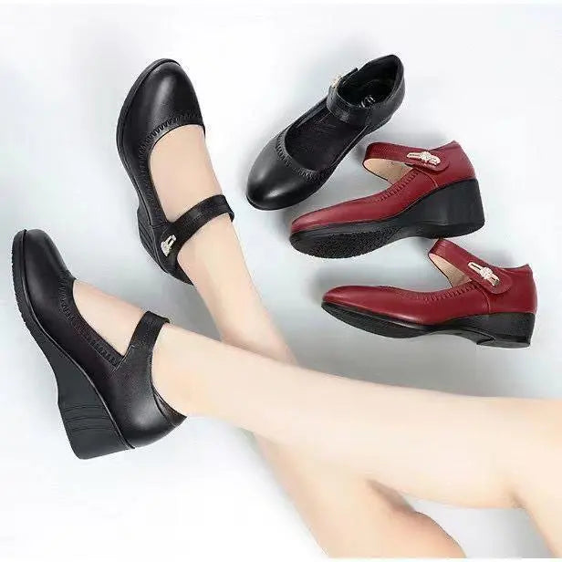Velcro Strap Embossed Leather Wedge Mary Jane Shoe
