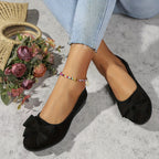 Suede Bow Detail Round Toe Slip On Wedge Ballet Flats