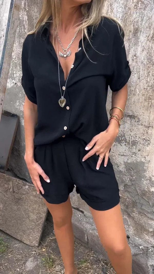Oversized Linen Shirt Tailored Short Two Piece Set- Summer