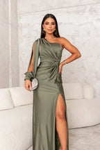 Satin One Shoulder Ruched Split Maxi Dress - Formal Evening Gown