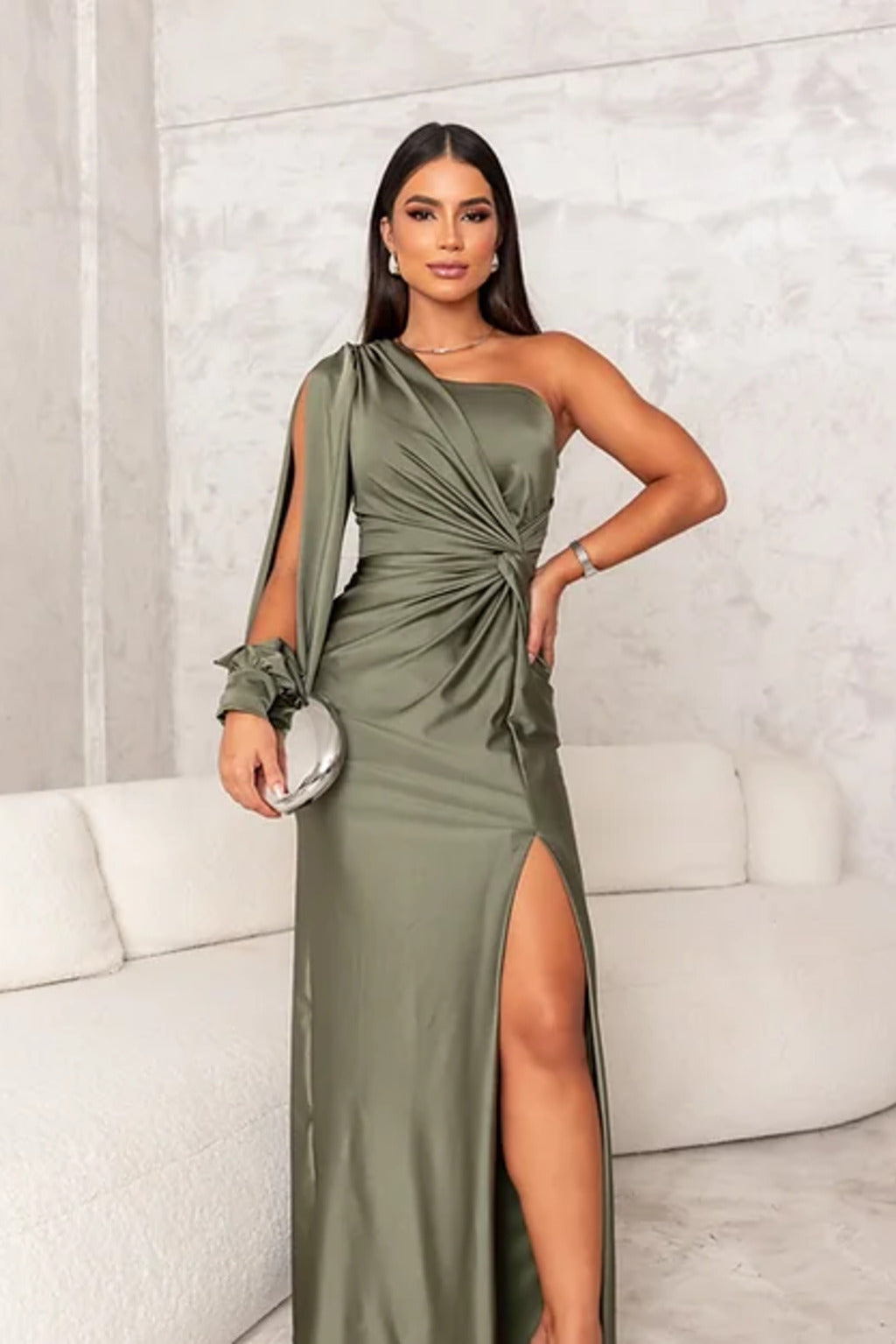 Satin One Shoulder Ruched Split Maxi Dress - Formal Evening Gown