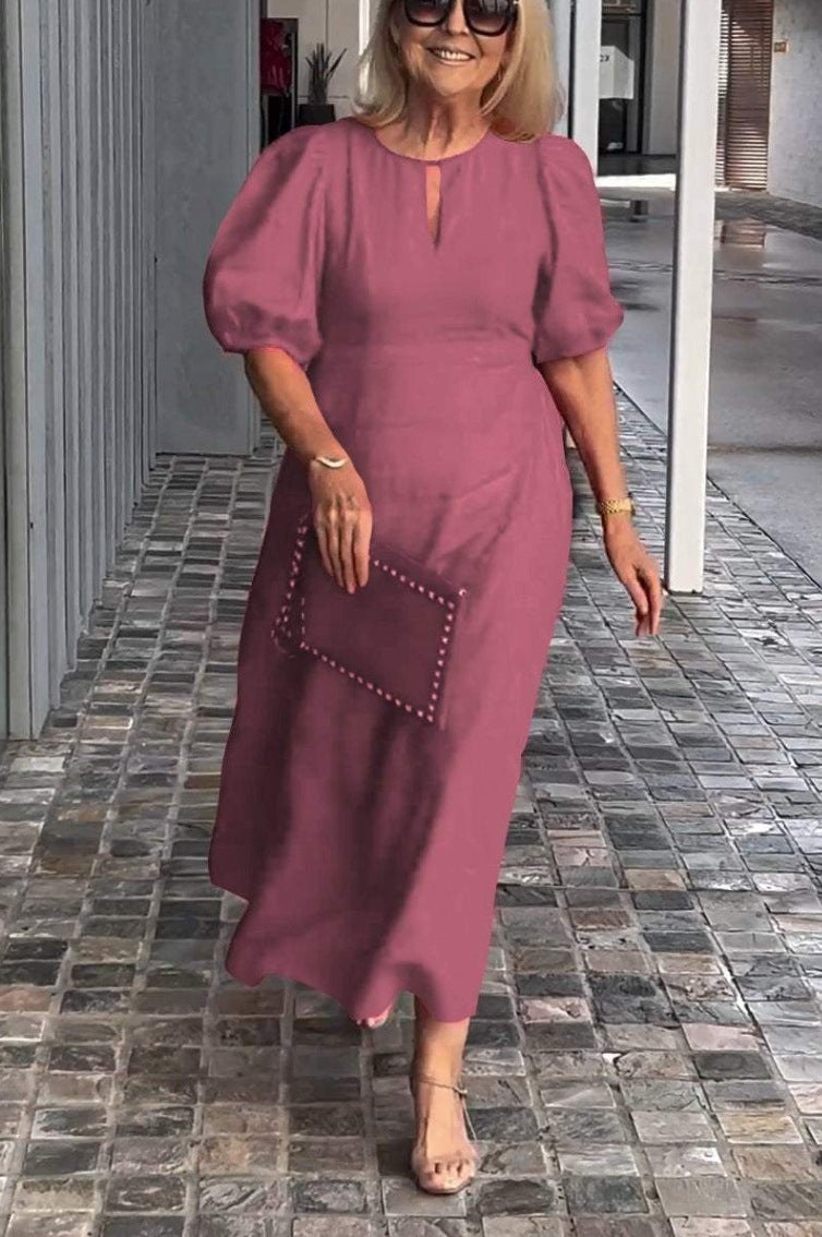 Puff Sleeve Keyhole A Line Midi Dress - Wedding Guest