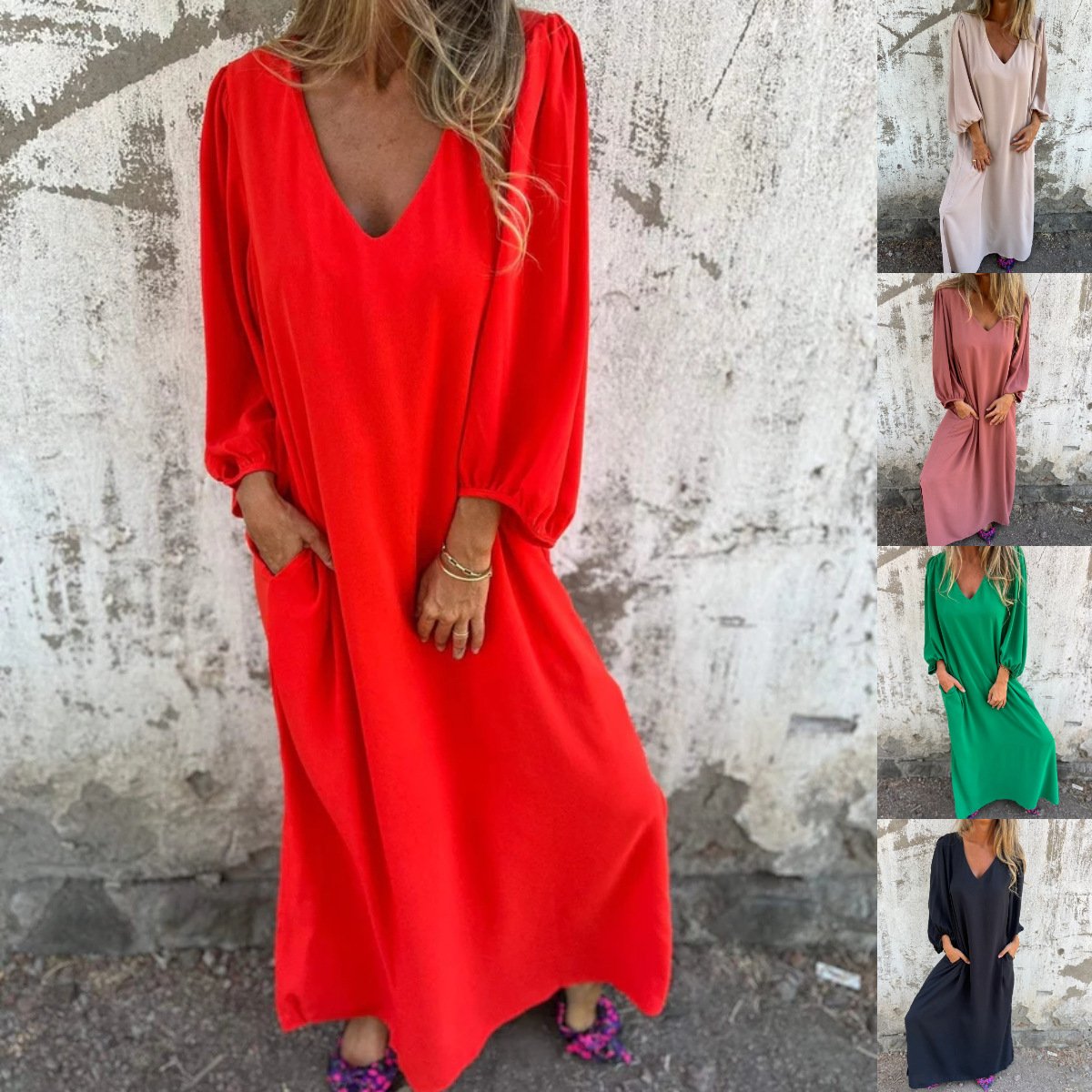 Balloon Sleeve V Neck Pocket Flowy Casual Maxi Dress
