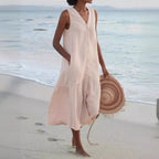 V Neck Button Front Tiered Hem Sleeveless Linen Midi Dress