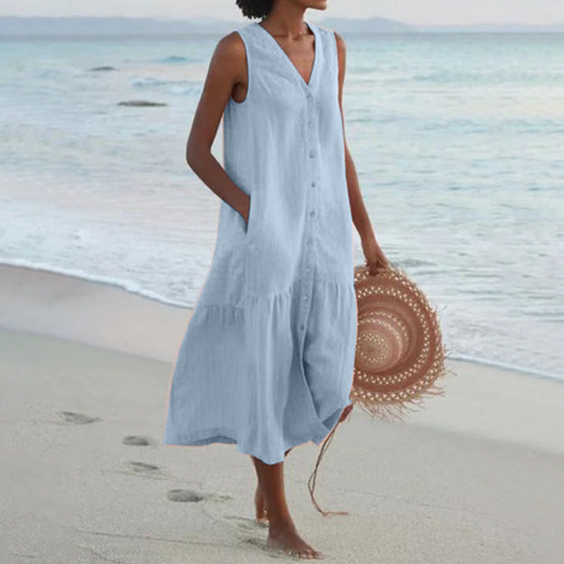 V Neck Button Front Tiered Hem Sleeveless Linen Midi Dress