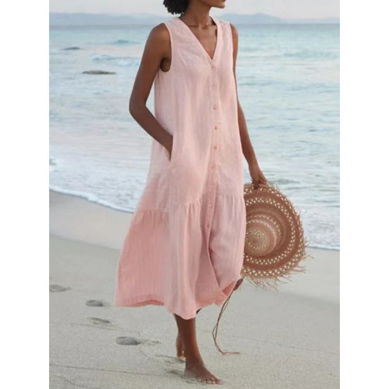 V Neck Button Front Tiered Hem Sleeveless Linen Midi Dress