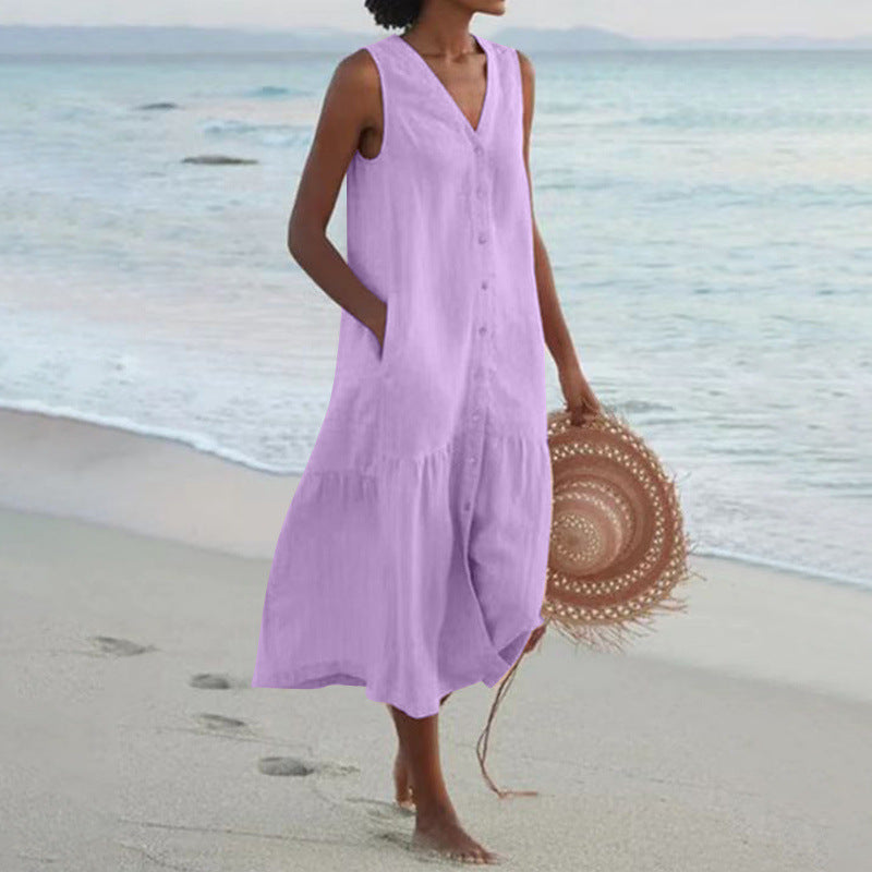 V Neck Button Front Tiered Hem Sleeveless Linen Midi Dress