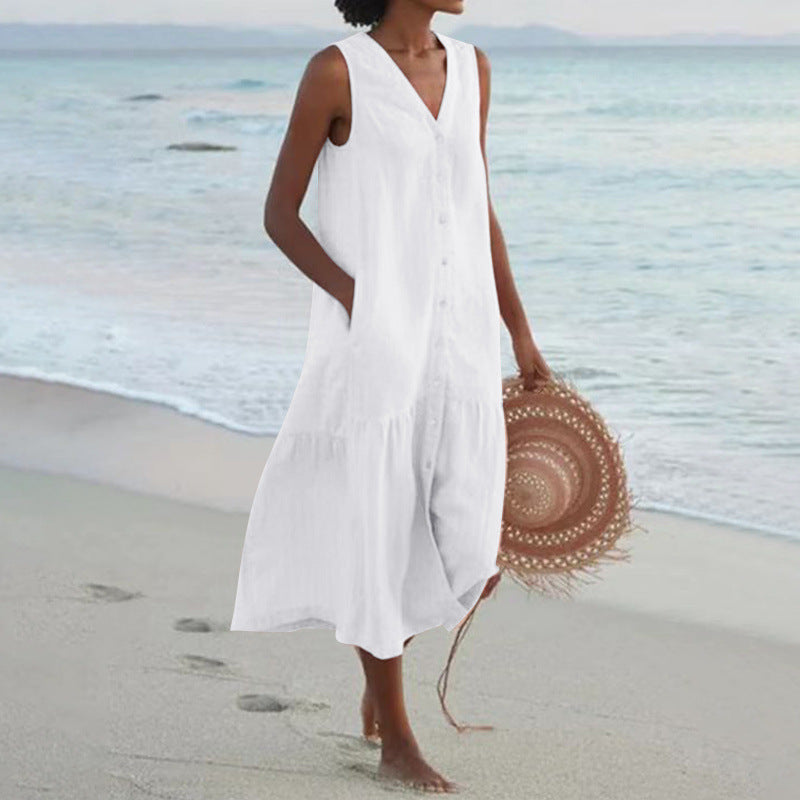V Neck Button Front Tiered Hem Sleeveless Linen Midi Dress