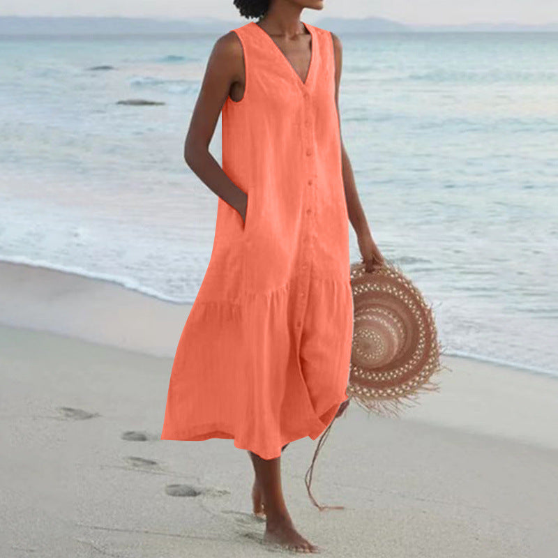 V Neck Button Front Tiered Hem Sleeveless Linen Midi Dress