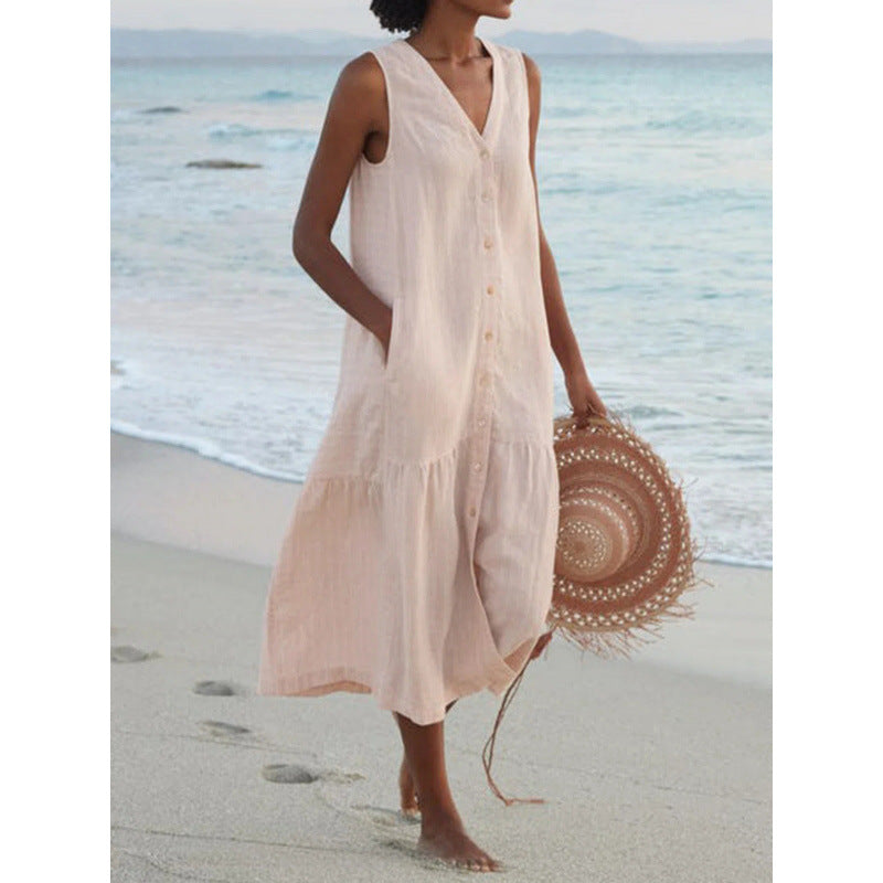 V Neck Button Front Tiered Hem Sleeveless Linen Midi Dress